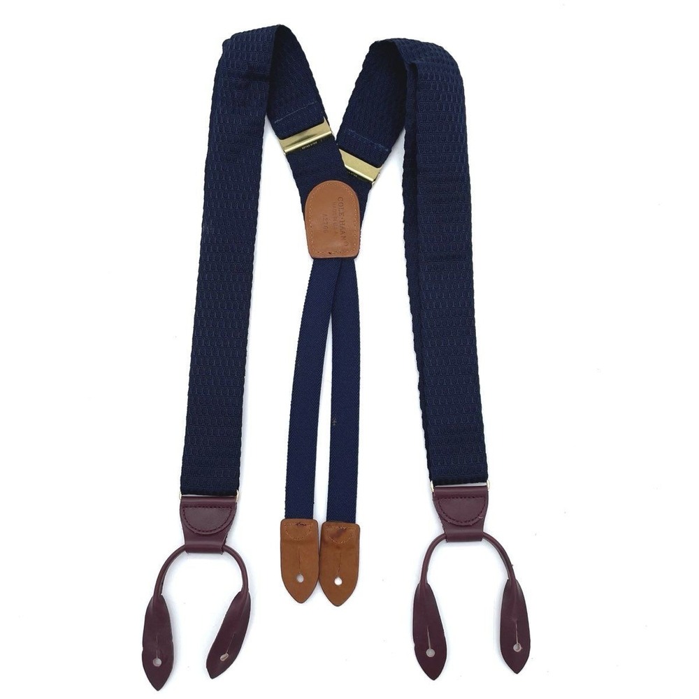 Vintage Cole Haan Men's Navy Blue Burgundy Leather Button Braces Made in USA